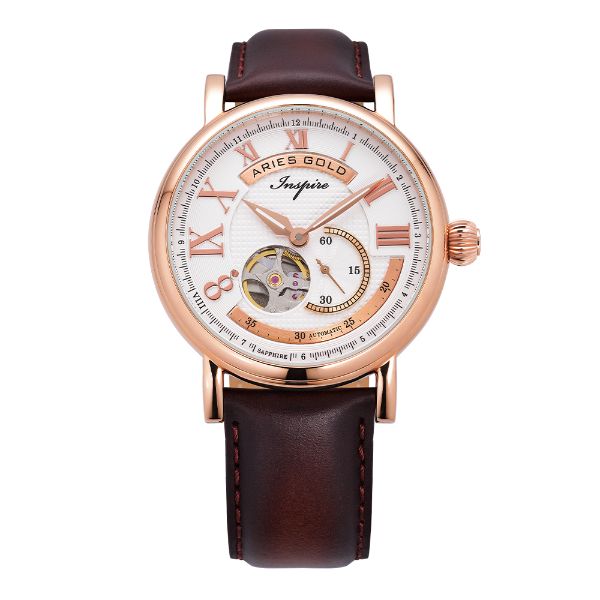 ARIES GOLD AUTOMATIC INSPIRE GAUNTLET VINTAGE ROSE GOLD STAINLESS STEEL G 903 RG-W BROWN LEATHER STRAP MEN'S WATCH